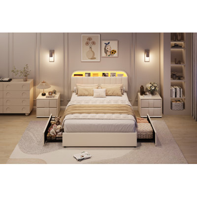 Structure de lit double pleine grandeur avec 2 tiroirs et lumières DEL - Lit plateforme en velours avec tête de lit avec rangement, silencieux et facile à assembler pour les enfants et les filles, beige