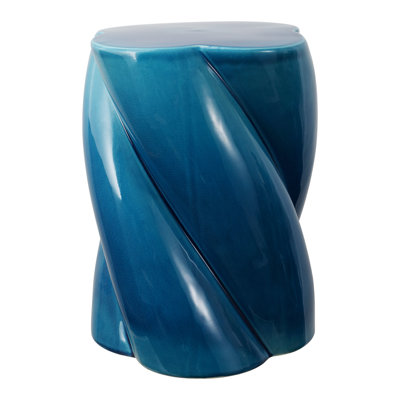 Yves 17.5" Modern Glossy Cracked Blue Ceramic Twisted Garden Stool - Indoor/Outdoor Accent Side Table, End Table, Patio Seat & Plant Stand