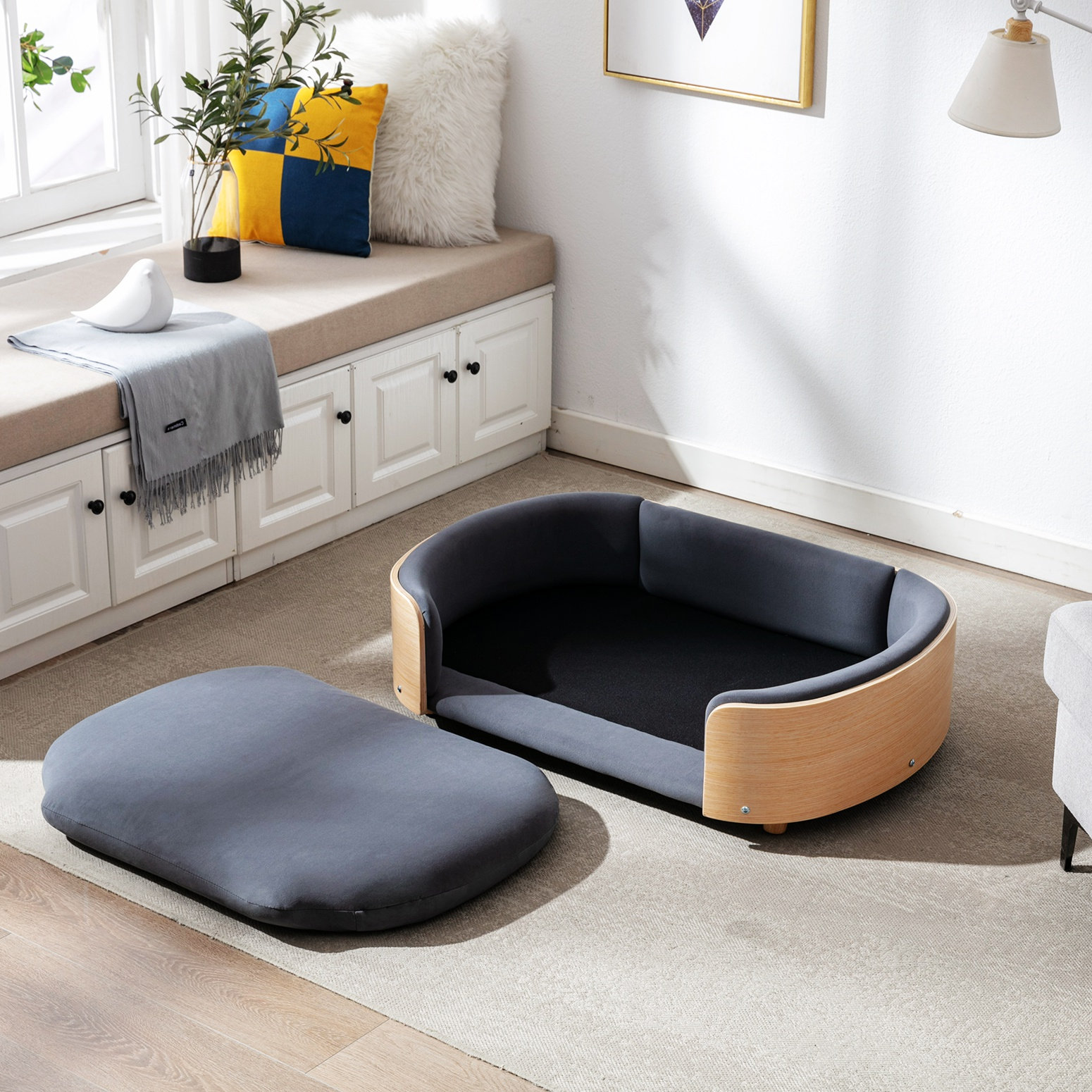 Inira Pet Bed, 26.38" W x 16.14" D x 9.84" H, Dark Gray/Natural
