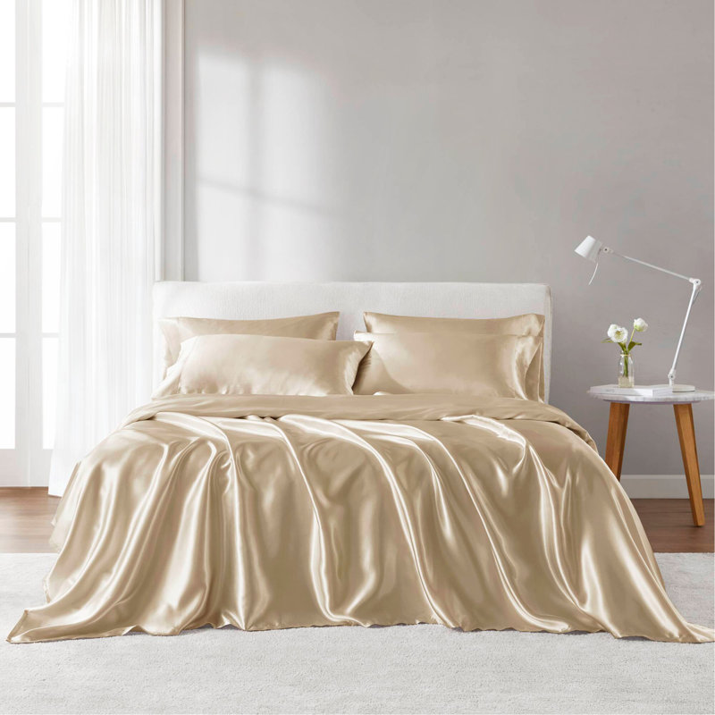 Ensemble de draps en satin de luxe, Couvre-lit grand + 5 pièces supplémentaires, Champagne