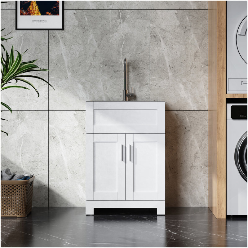 24In White Paint Free Laundry Tub Cabinet W/ Stainless Steel Combo(Update)