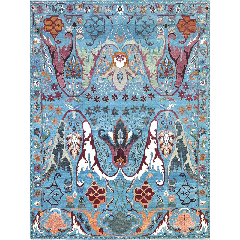 Tapis bleu noué à la main de haute qualité, Rectangle 5 pi x 8 pi