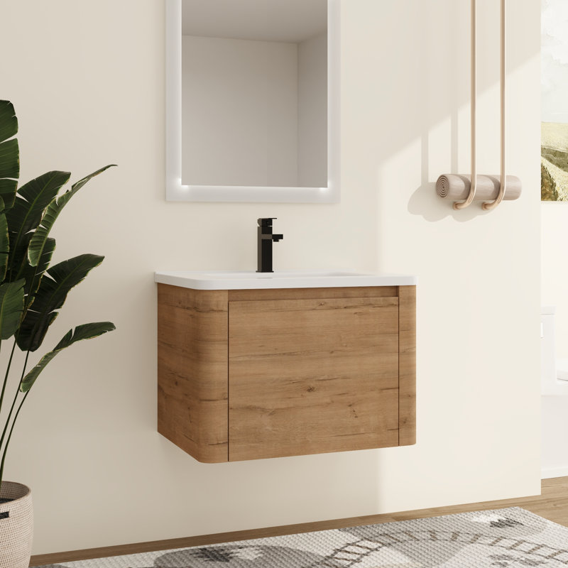 Narnby 28'' Wall-Mounted Single Bathroom Vanity With Ceramic Top, 28", Beige