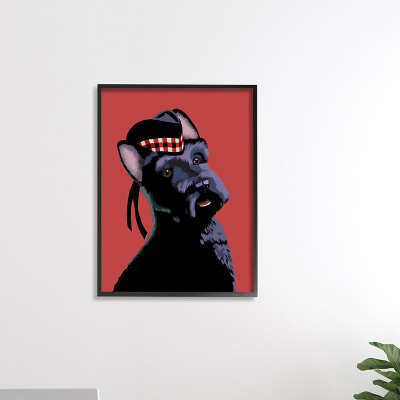 Terrier écossais souriant avec chapeau écossais rouge, H 20 po x l 16 po, Toile tendue