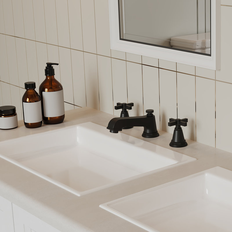 8 In. Widespread Double Handle 3 Hole Bathroom Faucet Water-Saving With Metal Drain , Matte Black