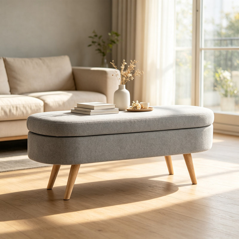 Banc de rangement ovale avec repose-pieds en bois d'hévéa, Tissu de lin gris