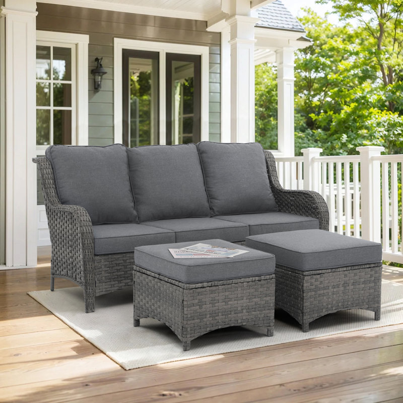 72.6" Wide 3 Person Patio Wicker Sofa With Cushions & Ottoman