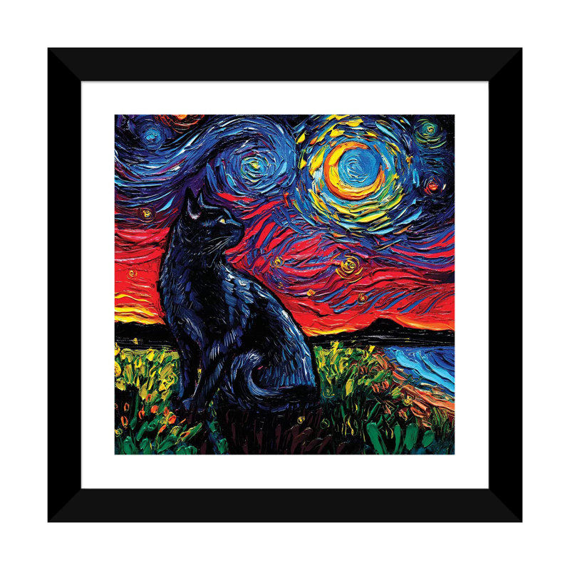«Black Cat Night II» par Aja Trêves - reproduction d'art, H 24 po x l 24 po x p 1 po, Papier encadré noir, Blanc