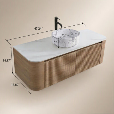 Meuble-lavabo de salle de bain Erba 48 po, avec lavabo, armoire murale en chêne miel avec porte-serviettes gratuit, lavabo simple en céramique blanche de Carrare (sans bonde / robinet), pré-assemblé