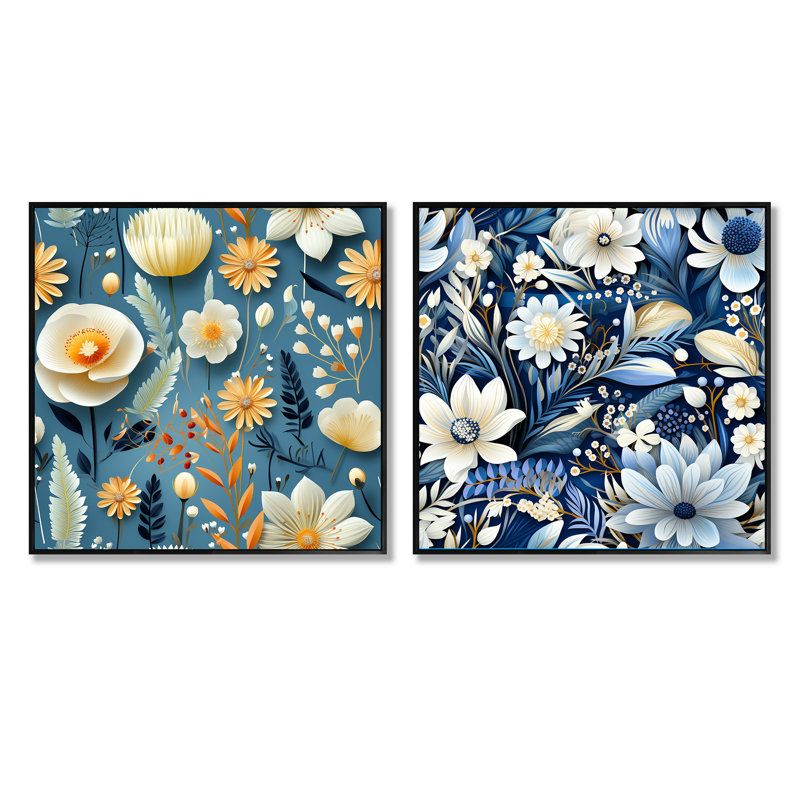 Lou - ensemble de 2 collages carrés botaniques abstraits, Cadre flottant noir, H 30 po x l 61 po