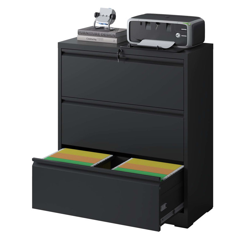Classeur de bureau à 3 tiroirs avec serrure - matériau métallique, tiroirs silencieux à pleine extension, capacité de 110 lb par tiroir, dossier inclinable de style moderne avec finition latérale noir mat, verrouillable