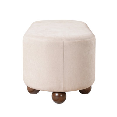 Banc de chambre moderne Fyvara de 115 cm de long, recouvert de tissu chenille et doté de pieds en bois d'hévéa en forme de boule, avec bords arrondis, idéal pour la chambre et l'entrée.