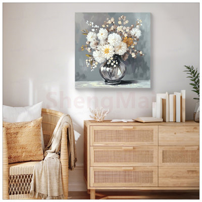 Vase en verre de chrysanthème, art mural sur toile, décor de salle de bain de style champêtre, impressions botaniques de campagne rétro pour la maison