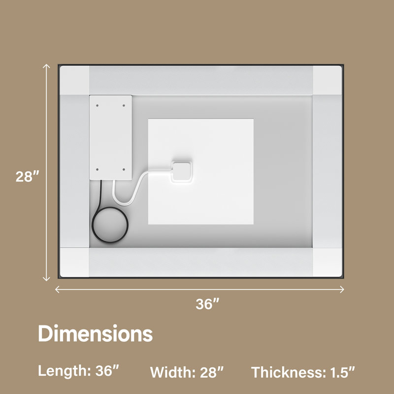 28 x 36 po, DEL, 12 V ul, miroir trempé noir avec double éclairage avant et arrière à DEL, couleur réglable, réglage continu de la luminosité, brouillard, options de montage flexibles, tournevis Ul, prise incluse, mémoire