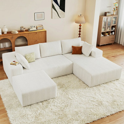 96" U Shaped Modular Sofa with Chaise, Cloud Boneless Comfort Sectional Sofa Couch, Modern Corduroy Deep Seat Couch, Convertible 4-Seater for Living Room