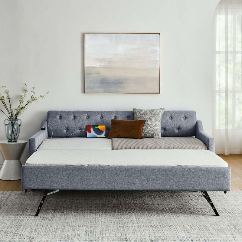 Twin Size Upholstery DayBed with Twin Size Erectable Trundle and USB Charging Design, Gray