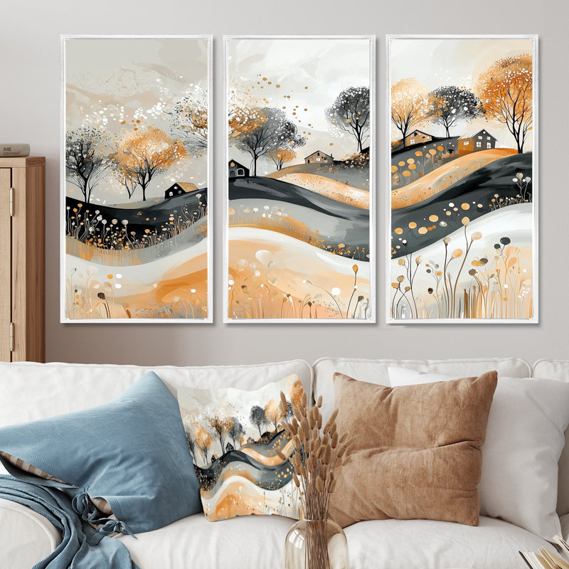 Paysage abstrait en gris et or - ensemble d'art mural paysages abstraits, Toile encadrée flottée blanche