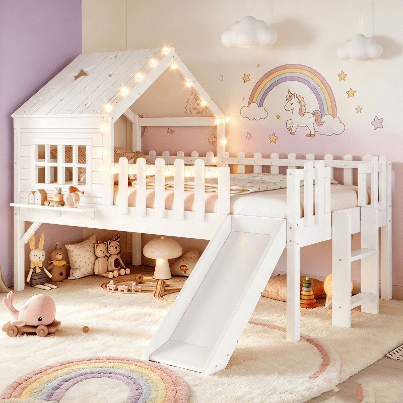 Lit mezzanine House, lit mezzanine en bois avec glissade, lumières DEL et fenêtre, lit maisonnette, lit d'enfant Playhouse, aucun sommier nécessaire, cadre de lit mezzanine Playhouse pour petite chambre d'enfant