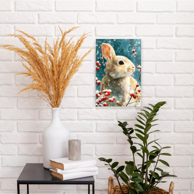 Winter Rabbit With Berries Peaceful Serene Abstract Rabbit Forest Nature Wall Art Print 1 Piece Wrapped Canvas Wall Art