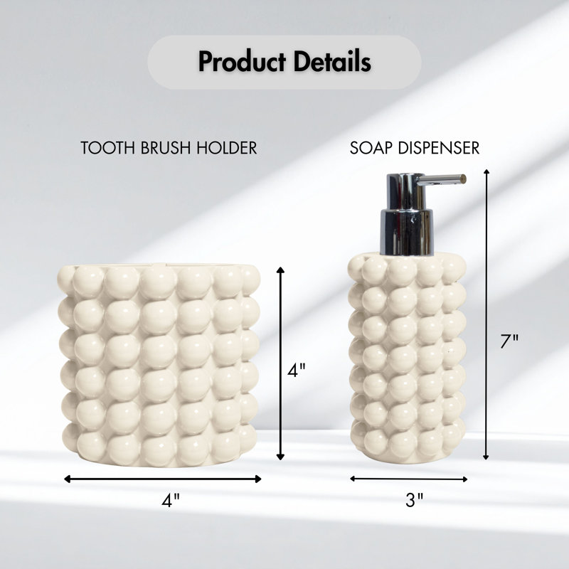 Ensemble d'accessoires de salle de bain texturé à bulles 2 pièces, distributeur de savon en résine et porte-brosse à dents pour salle de bain, salle de bain d'invités, appartement et dortoir, ivoire Better Trends Nova