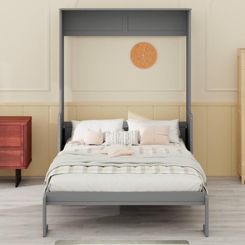 Lit mural pliant peu encombrant avec tablettes de rangement intégrées et lumières décoratives à DEL, Gris