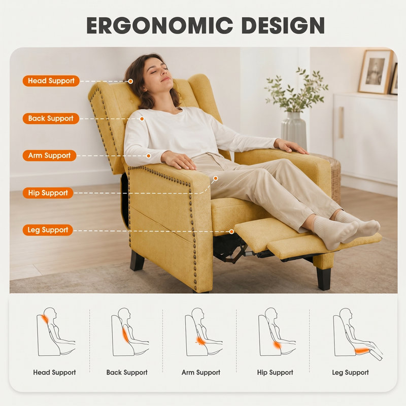 Pushback Reclining Chair Armchair with Footstool, Yellow Chenille