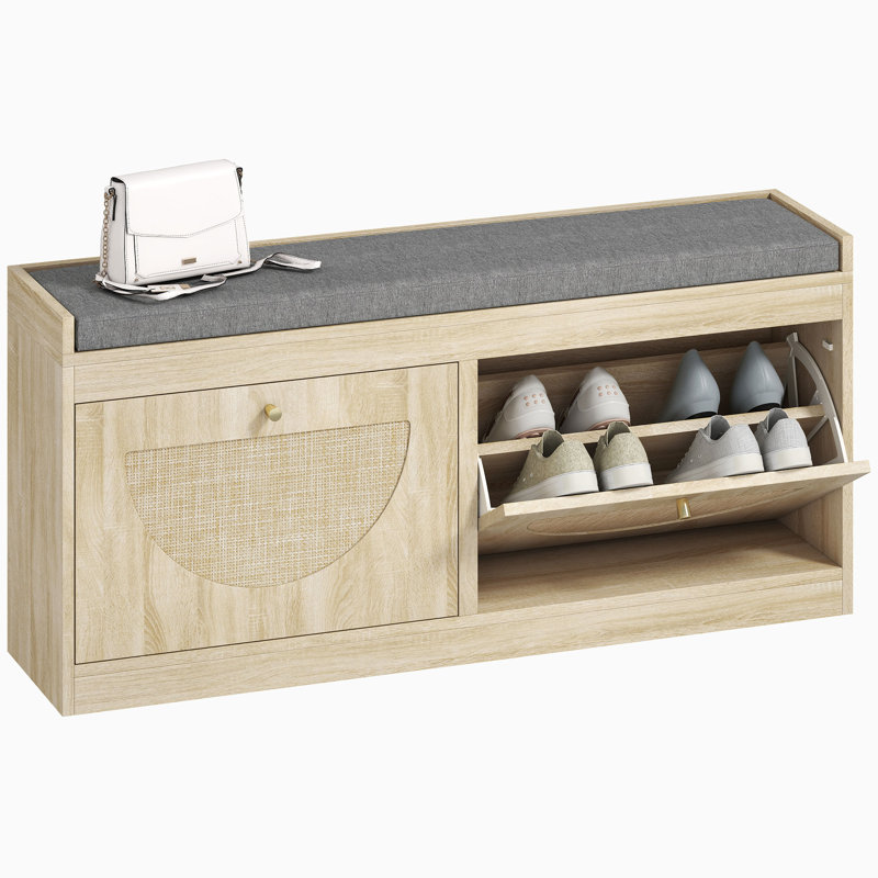 Banc à chaussures avec portes rabattables, banc d'entrée Boho, bois naturel