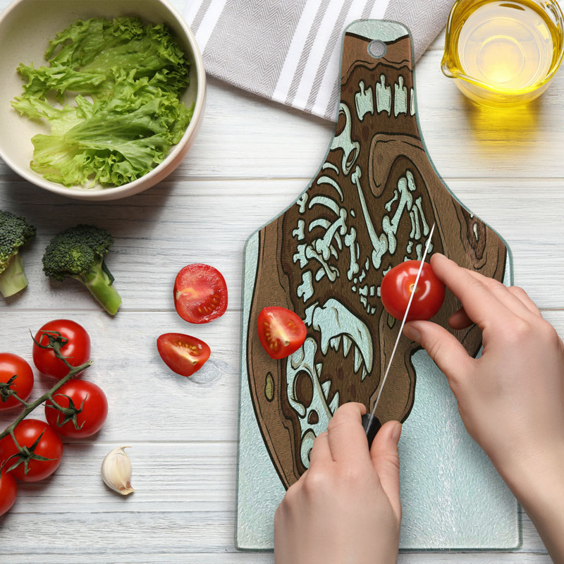 Ambesonne Dinosaur Tempered Glass Cutting Board T-Rex Fossil in Ground Brown White