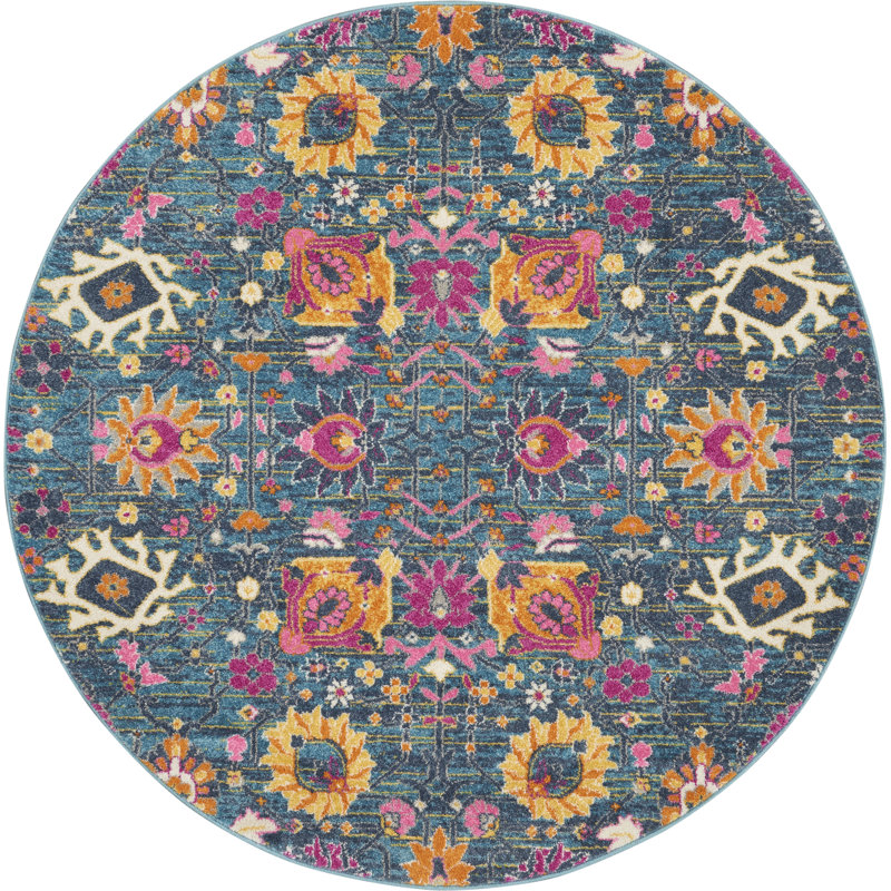 Tapis floral bleu / rose en polypropylène tissé à la machine, Rond 4 pi