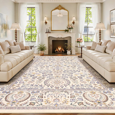 Vintage Boho Area Rug, Washable Floral Non-Slip Low-Pile Rug, Stain Resistant Soft Carpet for Living Room, Bedroom, Dining Room