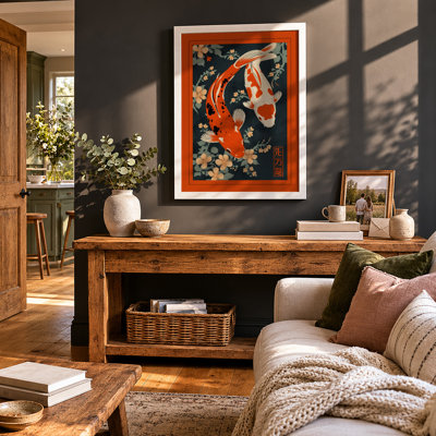 Koi and Blossoms Japandi - Framed Print