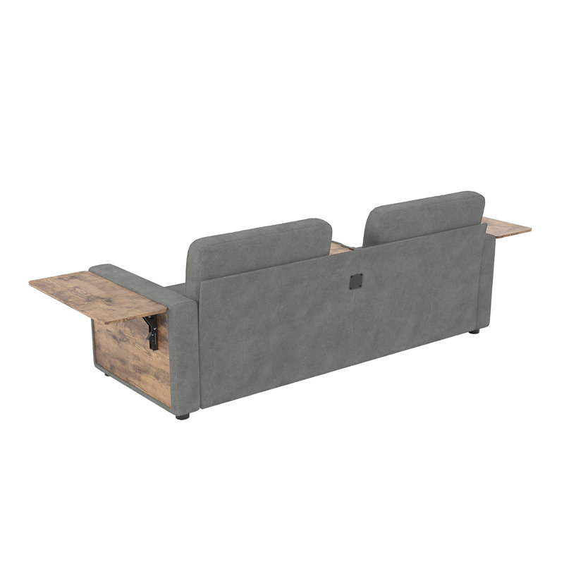 Canapé deux places en tissu chenille avec tiroirs coulissants, tables d'appoint et porte-gobelet, Gris
