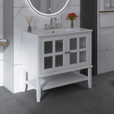 Meuble-lavabo 36 po avec lavabo en céramique, meuble-lavabo avec tablette réglable et tablette ouverte, avec pieds en bois massif