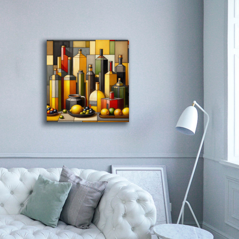  «Cubist Bottles And Lemons» par Rey Klimt, art mural sur toile, 37 po x 37 po, H 37 po x l 37 po