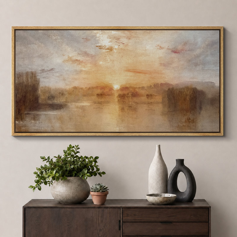 «Golden Lake Sunset», impression sur toile encadrée, décor naturel impressionniste chaleureux, H 30 po x l 60 po, Naturel