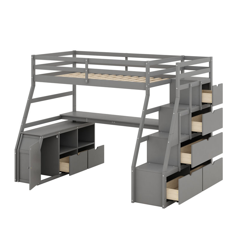 Illya Kids Twin Loft Bed with Drawers, Gray