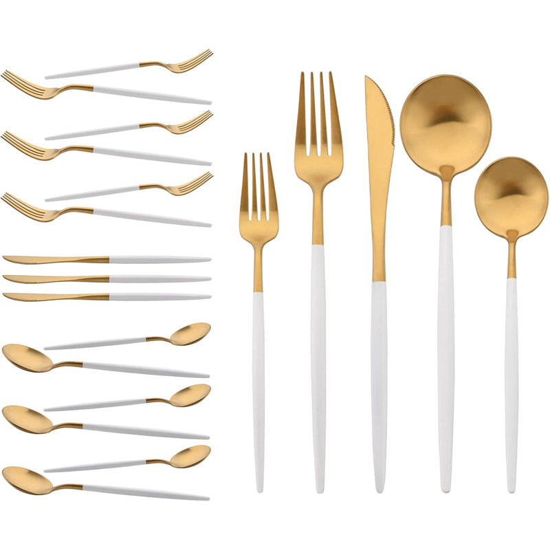 Ensemble de couverts en acier inoxydable 18/10 avec poignées blanc mat et or - Ensemble d'ustensiles de cuisine de 20 pièces pour 4 personnes, couverts allant au lave-vaisselle