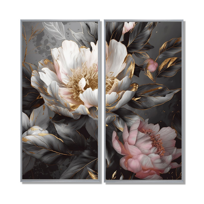 Pivoines roses grises en fleurs II - Art mural moderne rose, 32" H x 32" W, Silver, Impression encadrée flottante