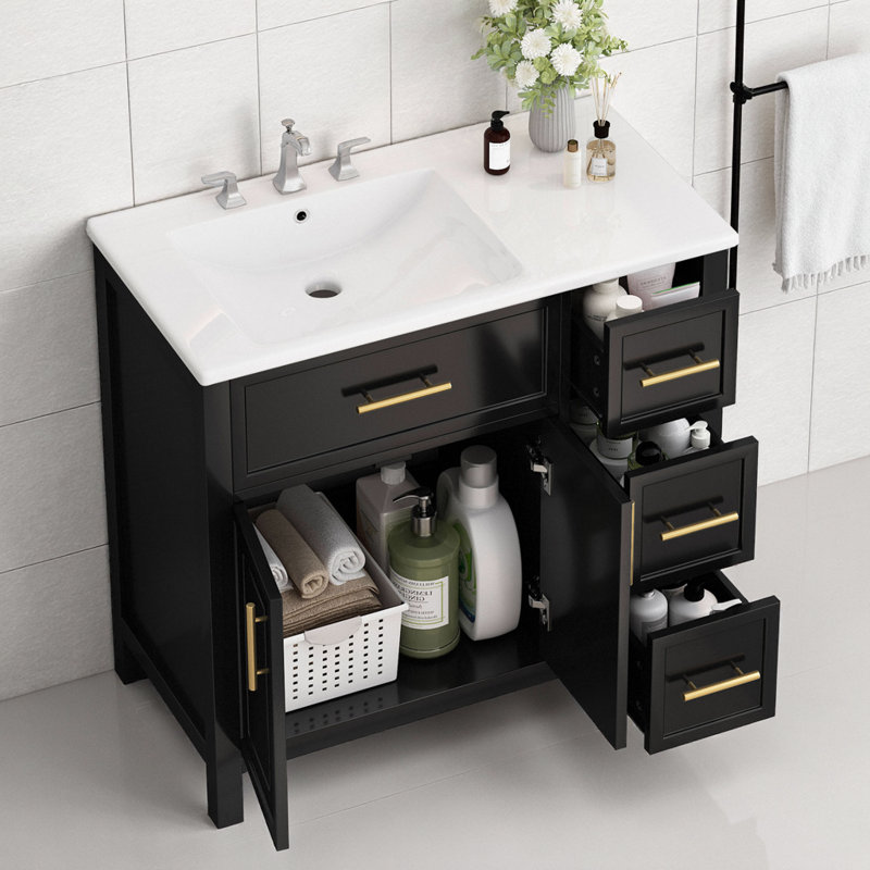 Meuble-lavabo noir 36 po avec lavabo en céramique à gauche, conception asymétrique à 3 tiroirs et 2 portes, poignées dorées, bois d'hévéa massif, prêt pour un robinet de 8 po, capacité de 250 lb