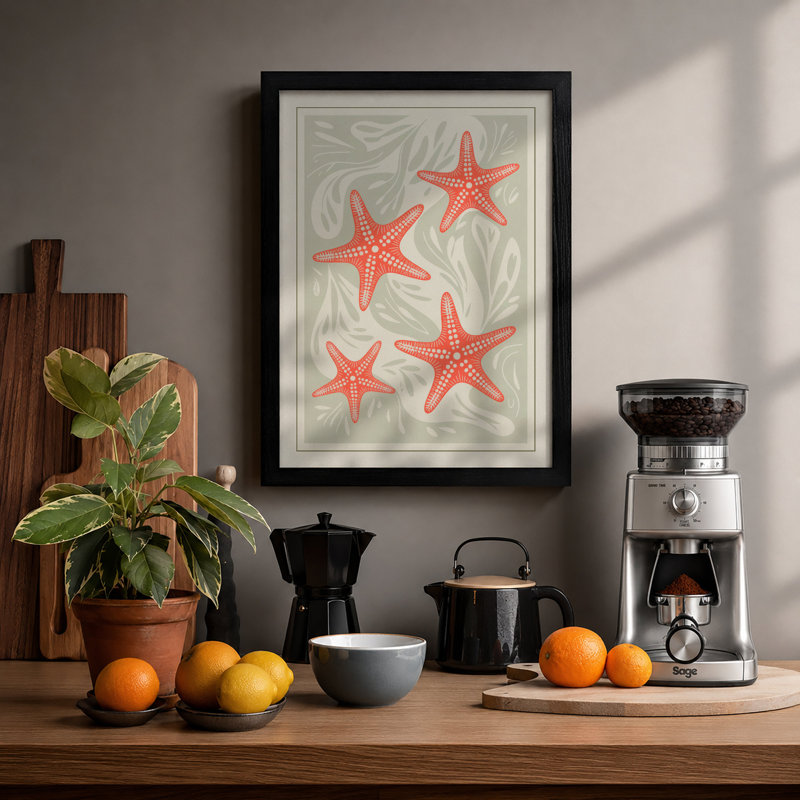 Scattered Starfish Coastal - Framed Print, Black, A3 - 42.0 x 29.7 cm