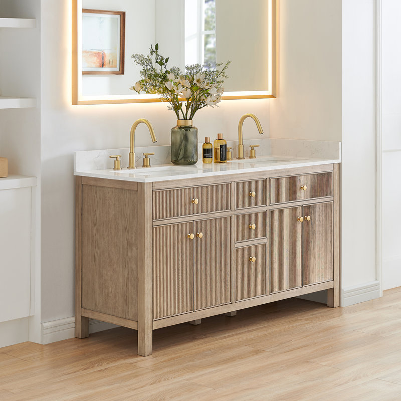 Lala 60" Double Bathroom Vanity with Grain White Engineered Stone Countertop without Mirror, Nature Oak