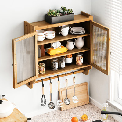 Vintage Double Door Wall Cabinet With 24.8'' Depth, Three - Tier Storage And Towel Rack, For Kitchen, Bathroom, Dining Spot, Solid Wood Glass, Shelves Are Detachable Neatly Glass Perfect Room,