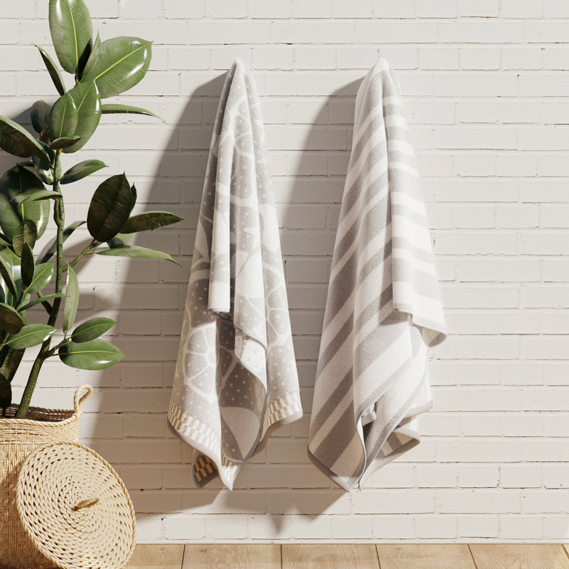 Serviettes de plage 100% jacquard 100% coton, Gris / coquillages blancs / rayures