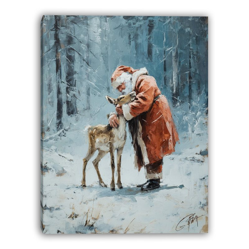 «Santa with Forest Deer», art mural sur toile tendue