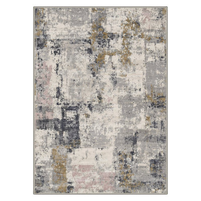 Mignone Novara Abstract Machine Washable Beige / Black / Grey Indoor Area Rug with Non-Slip Backing