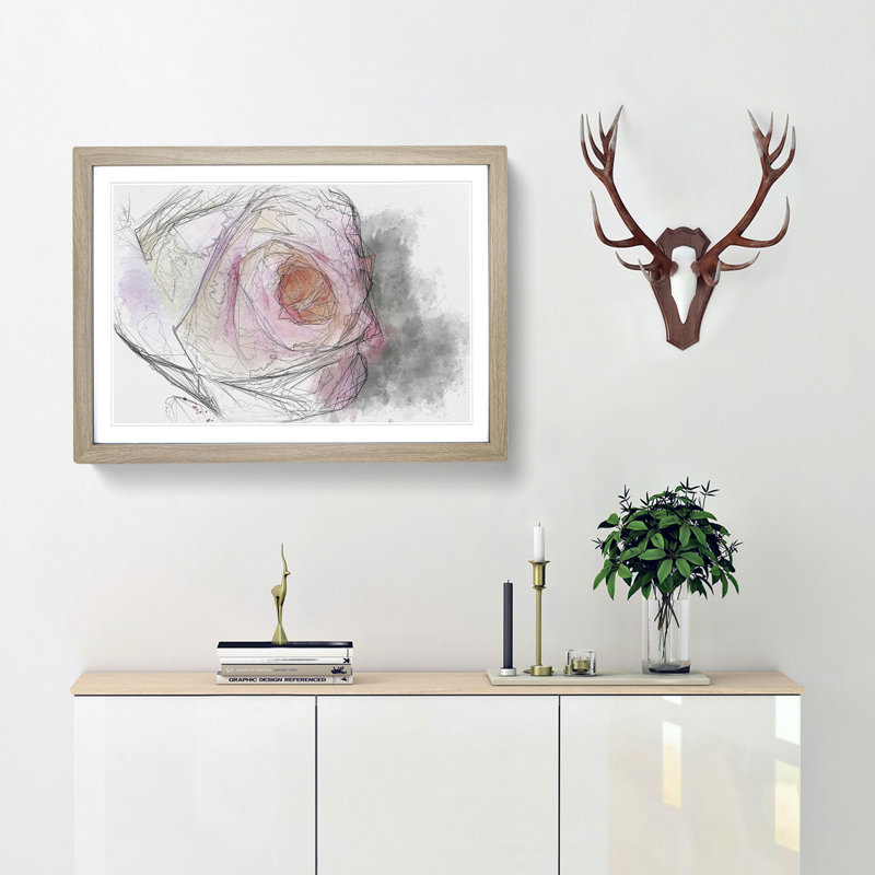 Pink Tipped Rose Sketch - Picture Frame Graphic Art Print, 40cm H x 60cm W x 2cm D, Oak Framed