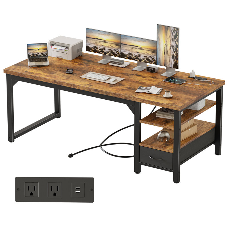 Bureau d'écriture de 160 cm avec tiroir, bureau d'ordinateur réversible de 3 cm d'épaisseur avec prise électrique, table de bureau, brun rustique