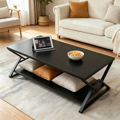 Rustic Rectangle Coffee Table with 2-Tier Storage, Engineered Wood Center Table with Open Shelves, Minimalist Living Room Table, 47 Inch