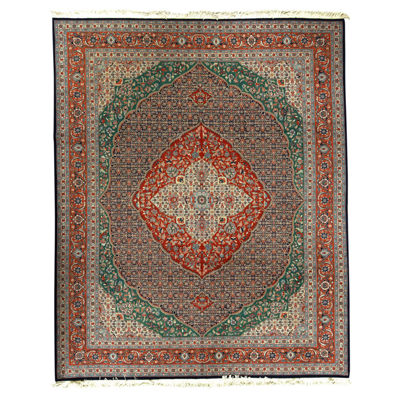 Tapis bleu marine et rouille de haute qualité noué à la main