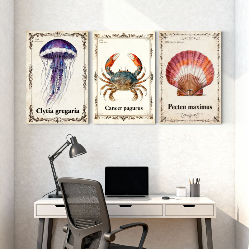 «Jellyfish Crab Shell Sea Life», ensemble de 3 reproductions d'art sur toile, H 30 po x l 60 po